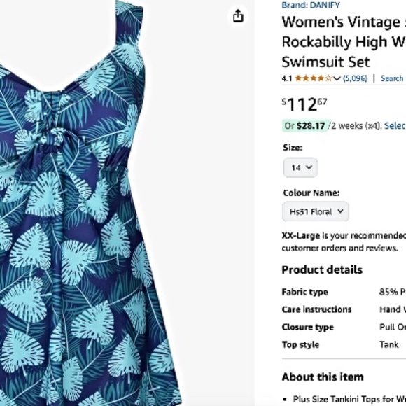 DANIFY Women's  Pin Up Rockabilly High Waisted Retro Tankini Swimsuit Size 14 - Picture 3 of 5